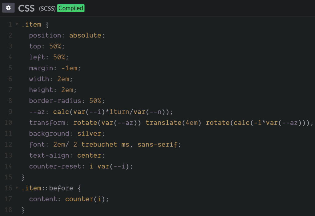 Скриншот фрагмента кода CSS (SCSS), стилизующего элемент с различными свойствами позиционирования, преобразования и стилизации.