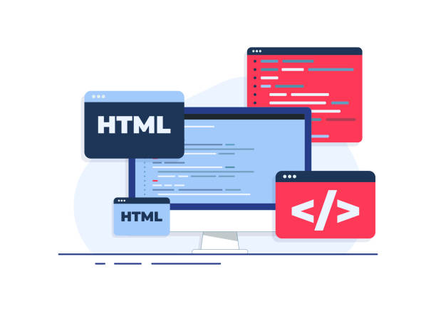 Иллюстрация экрана компьютера, на котором отображаются HTML и окна для кодирования.