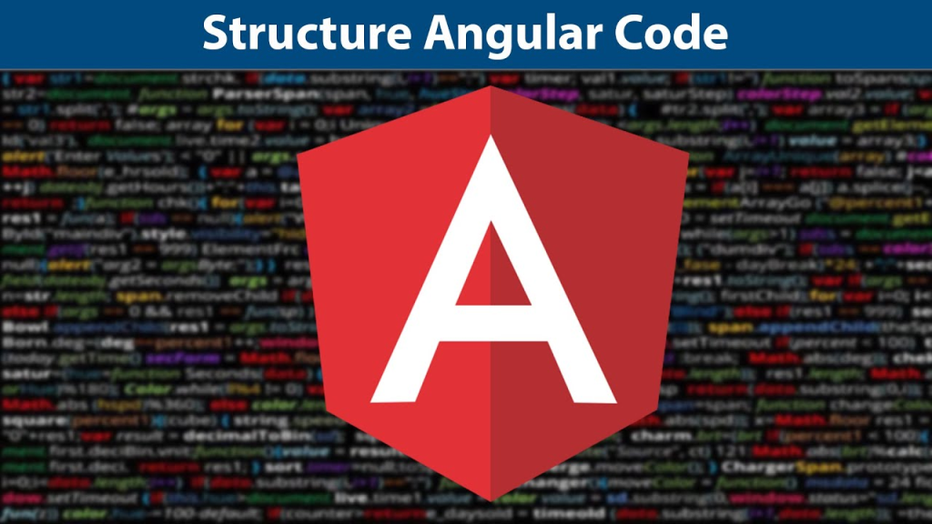 Логотип Angular на фоне красочного кода и текста "Structure Angular Code".