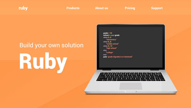 Ноутбук с кодом на Ruby и текстом, рекламирующим решения на Ruby, на оранжевом фоне.